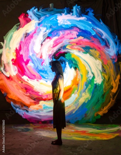A person stands before a vibrant swirling abstract light painting