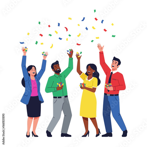 Celebration of achievements and recognition in business: A dynamic illustration of a diverse group of business professionals exuberantly celebrating success with colorful confetti. 