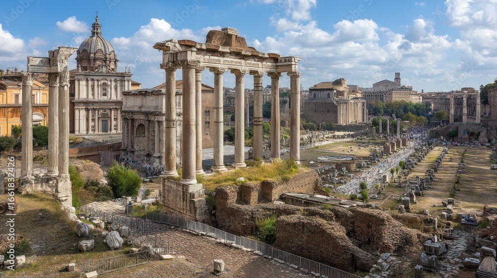 Naklejka premium Ancient Roman Forum with Broken Columns and Marble Statues