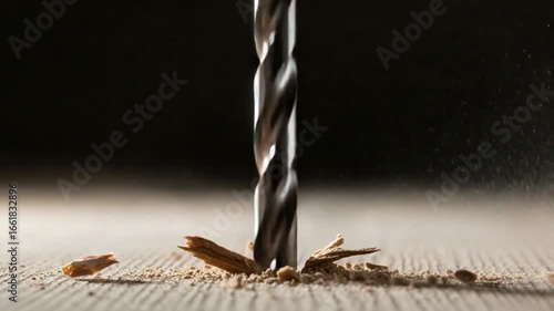 Dynamic Close-Up: Drill Bit Powerfully Piercing Wood, Dust and Chips Exploding in Slow Motion
