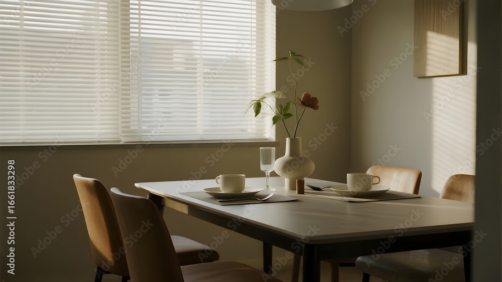 Fototapeta premium Modern dining room with a minimalist table setup and natural light from large windows.