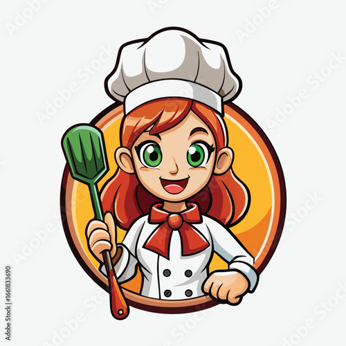 Cute cartoon chef girl in uniform holds a turner with a cheerful smile