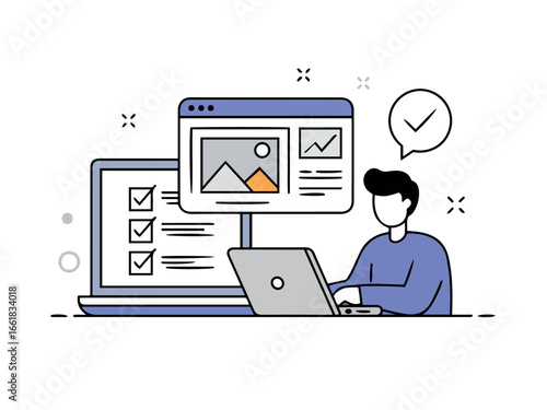 Flat vector illustration client reviewing website design with approval checkmark