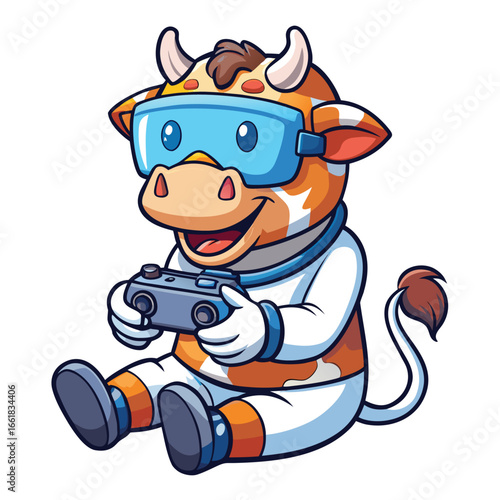 cow plays a VR game with a headset and controller, looking excited and happy