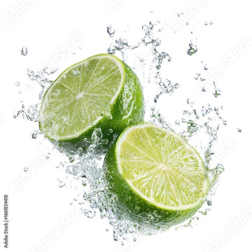 Water splashing around two sliced limes, white background