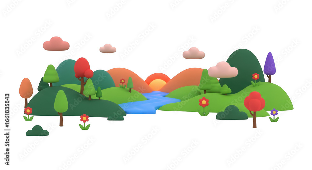 Obraz premium Whimsical cartoon landscape with rolling hills, trees, river and fluffy clouds
