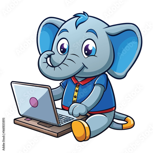 elephant types on a laptop, concentrating on work with determination
