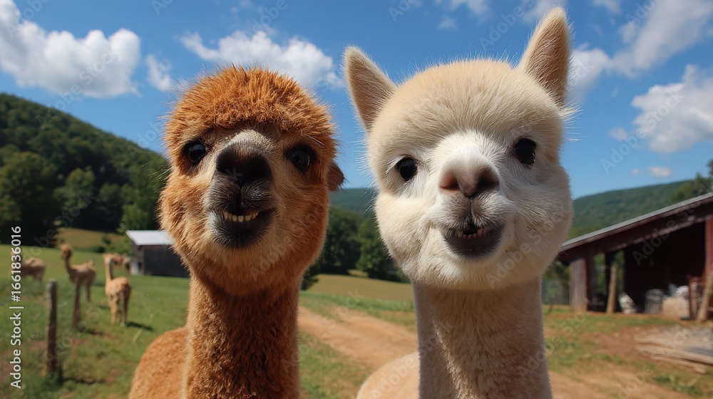 Obraz premium Two Smiling Alpacas on a Sunny Mountain Farm in Arkansas