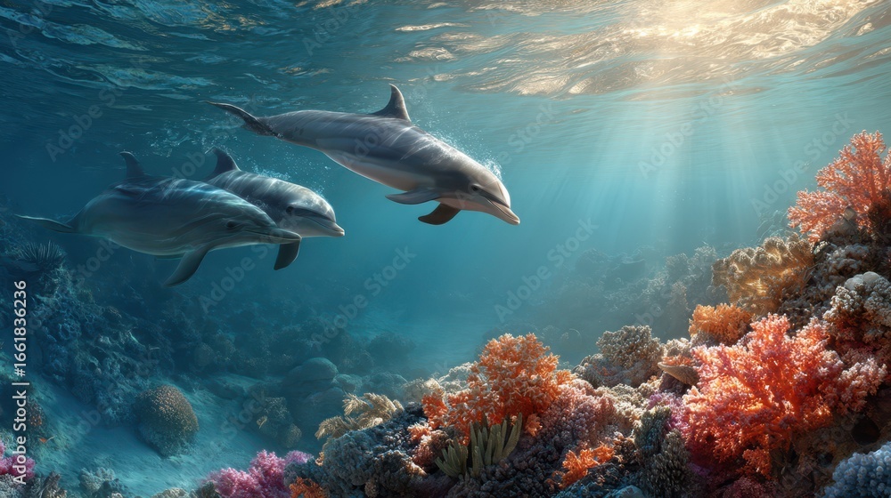 Fototapeta premium Joyful Dolphins Swimming Under the Sea Among Vibrant Coral Reefs