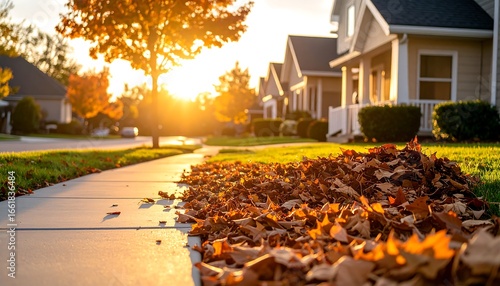 Fototapeta Naklejka Na Ścianę i Meble -  Pile of Autumn Leaves on Sidewalk in Residential Neighborhood at Sunset