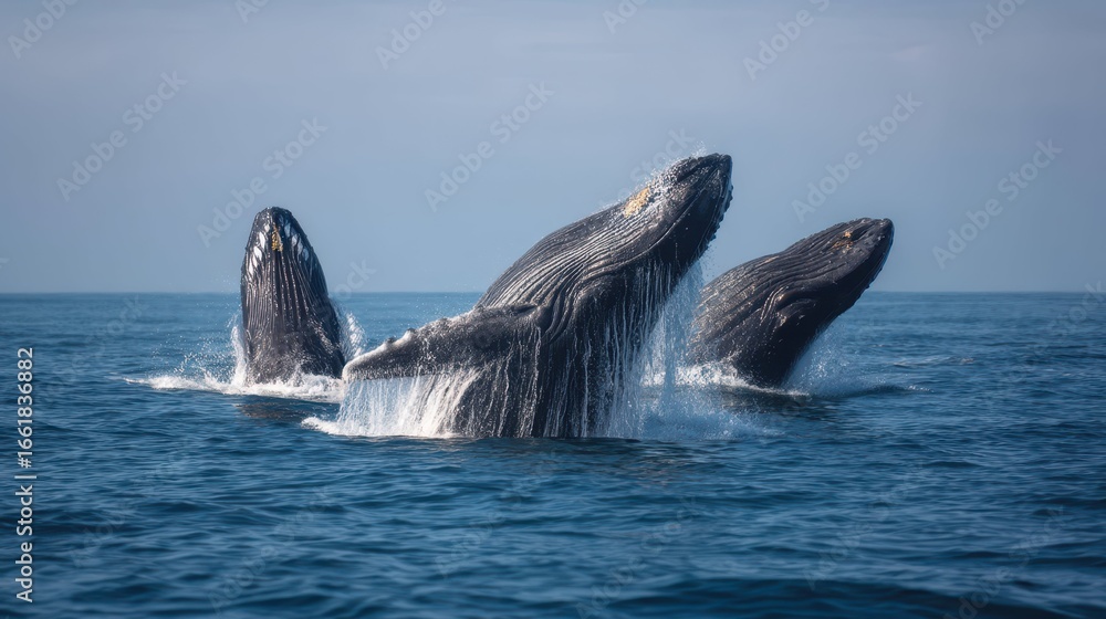 Fototapeta premium Exciting Humpback Whales Breaching in Clear Ocean Waters