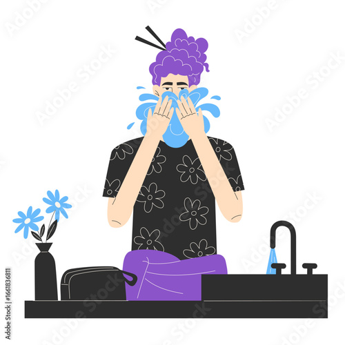 Man with long hair washing face morning self care daily hygiene routine