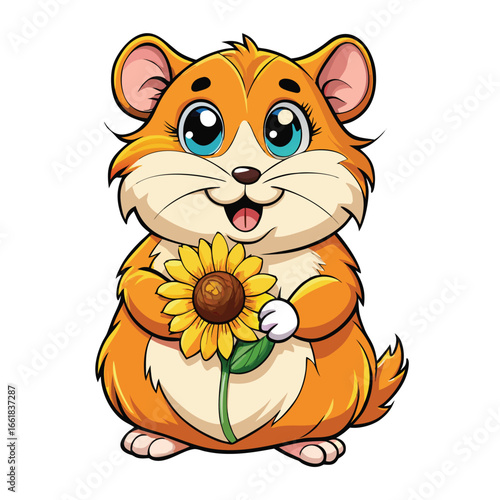 hamster hugs a big sunflower seed, looking happy and cheerful