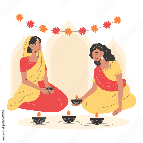 Two Young Women Celebrating Diwali Lighting and Releasing Floating Festival Candles Illustration
