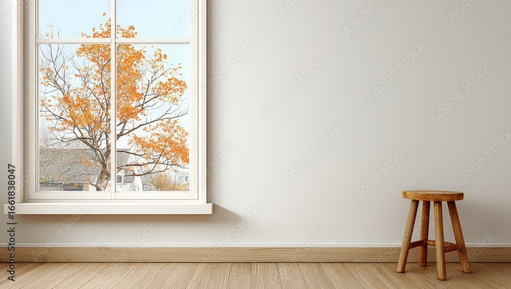 Fototapeta premium Empty Room With Window And Autumn Tree View