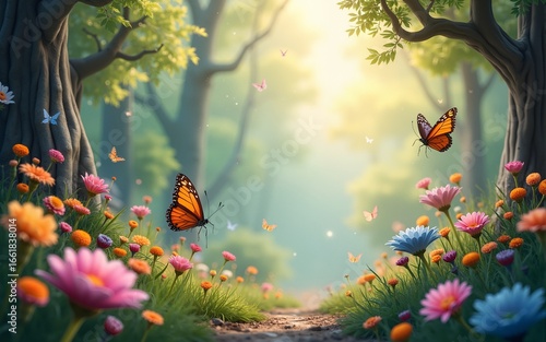 Beautiful fantasy enchanted forest with butterflies, flowers and copy space. Fairy tale outdoor background. AI generative image. High quality
