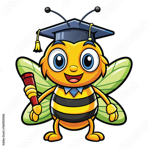 honey bee wears a graduation cap, holding a diploma proudly