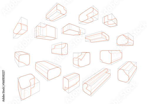A variety of shapes in a 2-point perspective with displaying the single rounding principle