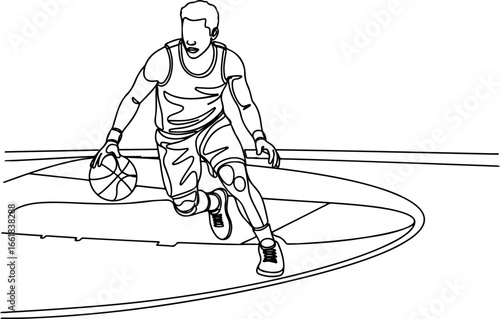 Basketball Player Dribbling on Outdoor Court