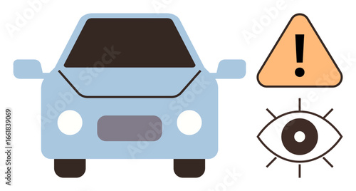 Blue car front with caution triangle and open eye icon highlighting driving focus, safety alerts, monitoring. Ideal for traffic rules, accident prevention, driver training, automotive systems, safety