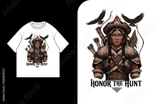 A stylized illustration of a warrior woman with arrows and a bow, featured on a white t-shirt.