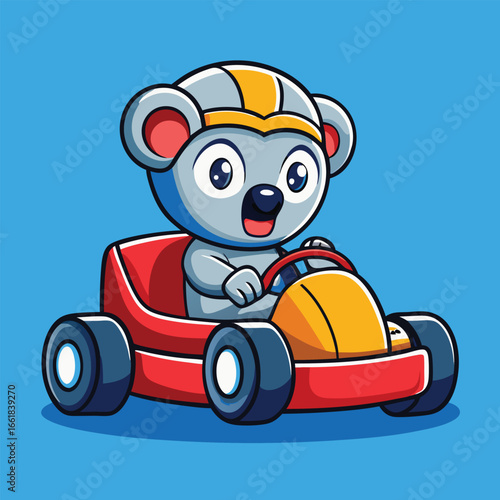 koala speeds down a track in a colorful go-kart, looking thrilled