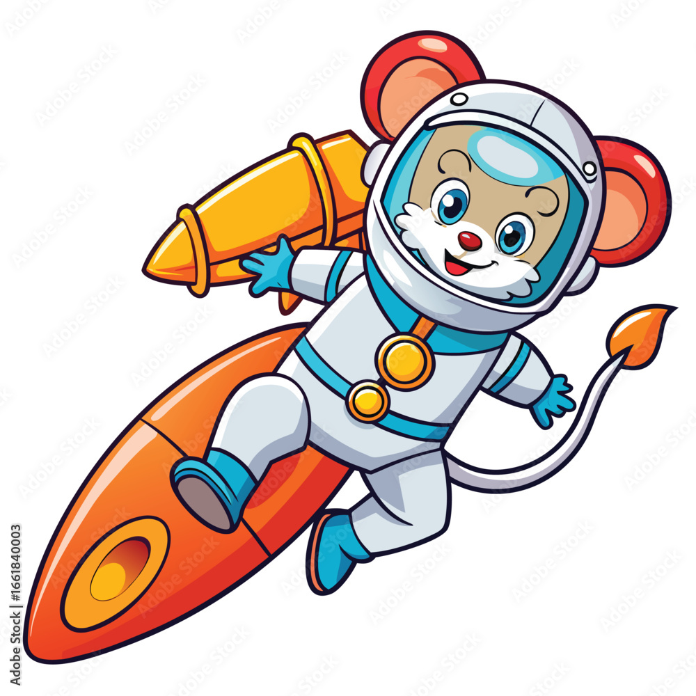 Obraz premium Happy cartoon mouse astronaut rockets through stars, exploring the universe with excitement