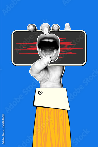 A hand illustrated with a halftone effect grips a phone that shows bold female lips, set against a striking blue backdrop, conveying a blend of digital art and modern expression.