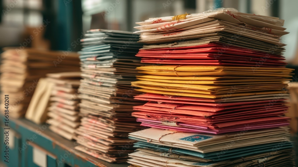 Fototapeta premium Colorful Stacked Envelopes in a Vintage Post Office Setting