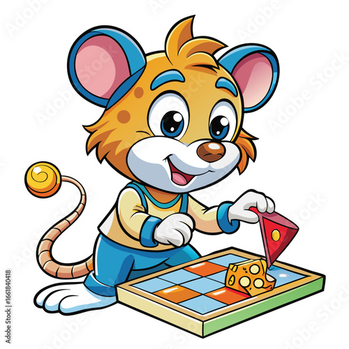 Cute cartoon mouse enthusiastically plays a video game with a tiny controller