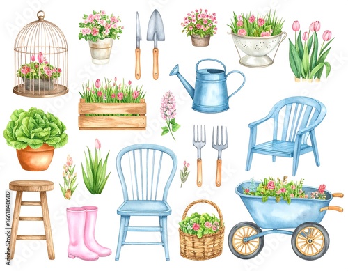 Watercolor illustration of garden tools and plants