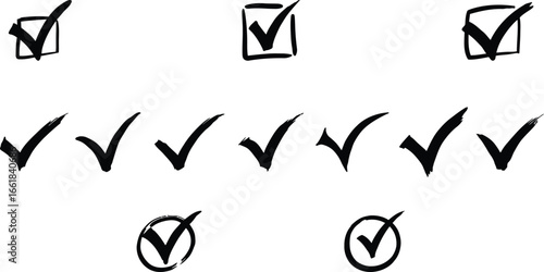 Hand drawn check marks and tick boxes collection in black ink for marking tasks and approvals vector illustration