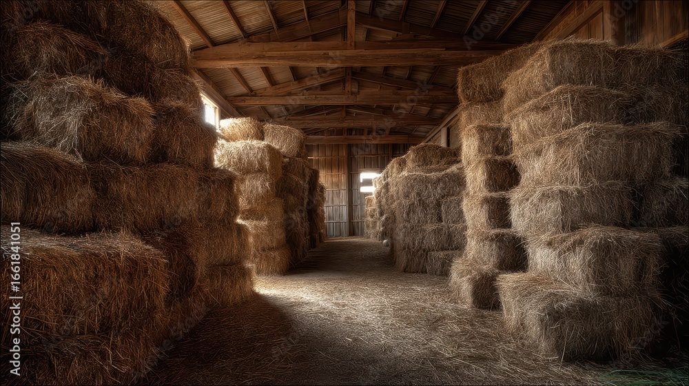 Fototapeta premium Stacked Hay Bales in Rustic Barn Interior with Natural Lighting