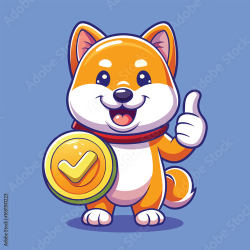Shiba Inu proudly holds a gold coin while giving a cheerful thumbs-up