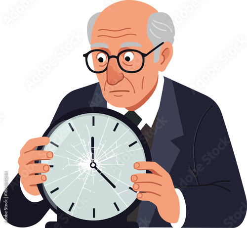 Elderly man holding clock showing time with serious expression vector illustration concept of aging and time management