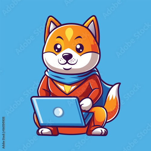 A playful Shiba Inu superhero types away on a laptop, ready to save the digital world