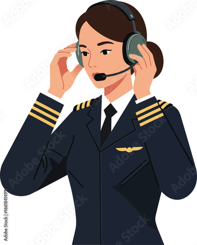 Female airline pilot wearing headset communicating in uniform with captain stripes and wings badge vector illustration