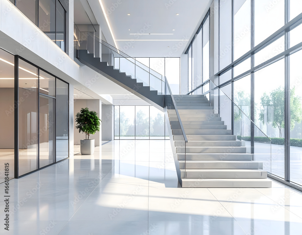 Fototapeta premium Modern Office Interior with Staircase and Natural Light Streaming Through Large Windows
