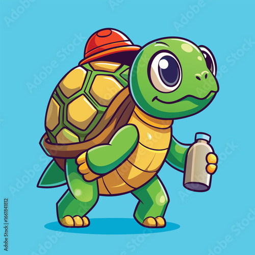 cheerful cartoon turtle hikes up a trail carrying a water bottle on its back