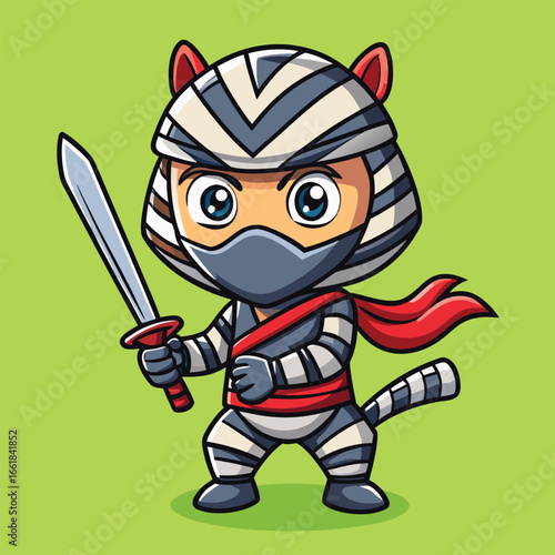 cartoon zebra dressed as a ninja brandishes a sharp sword with precision