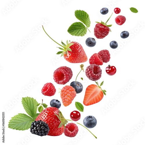 Berries collection falling in the air isolated on transparent and white background png mixed berries flying png fruit explosion png berry assortment png floating fruits png