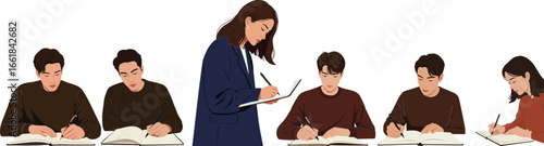 Teacher instructing students in classroom setting with notebooks and pens learning education concept vector illustration