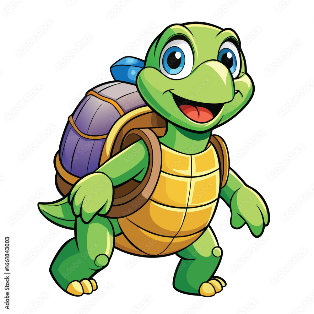 Obraz premium smiling turtle is carrying a backpack with a shining diamond on top