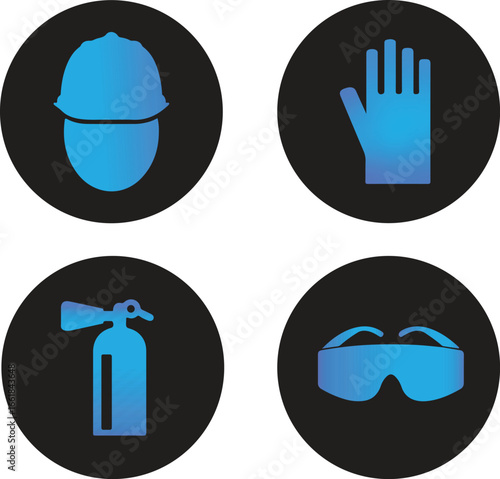 Safety and Fire Protection Icons Set, safety icons, fire extinguisher, hard hat, safety gloves, protective goggles, workplace safety, PPE icons, construction safety, fire safety, emergency equipment,