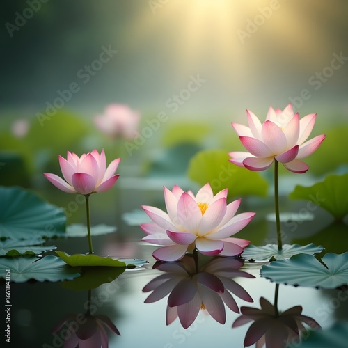 Wallpaper Mural Serene pink lotus flowers bloom in misty morning light Torontodigital.ca