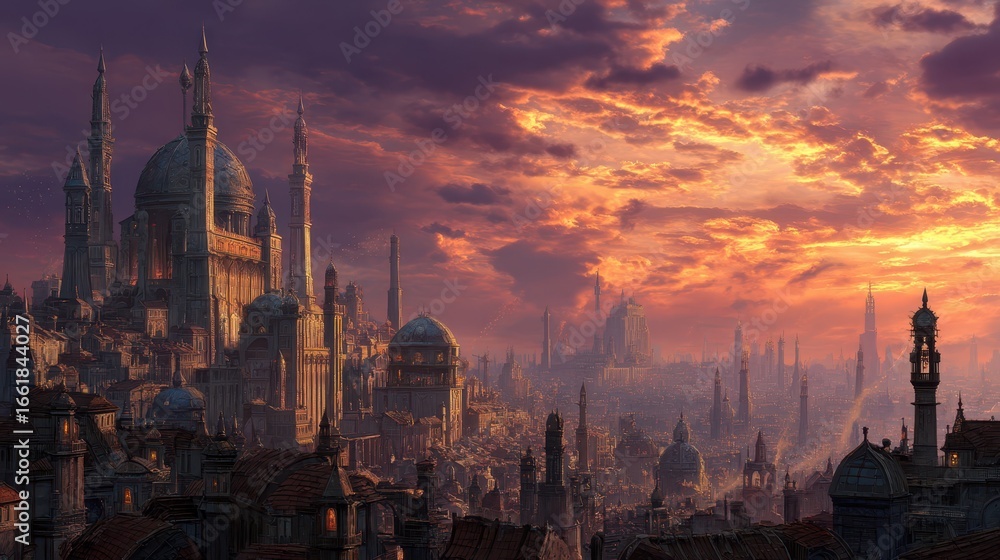 Obraz premium Steampunk City Skyline at Golden Hour with Dramatic Clouds
