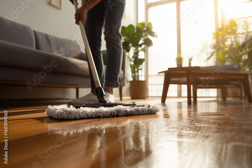 Middle-aged man cleaning wooden floor with modern mop, minimalist home atmosphere