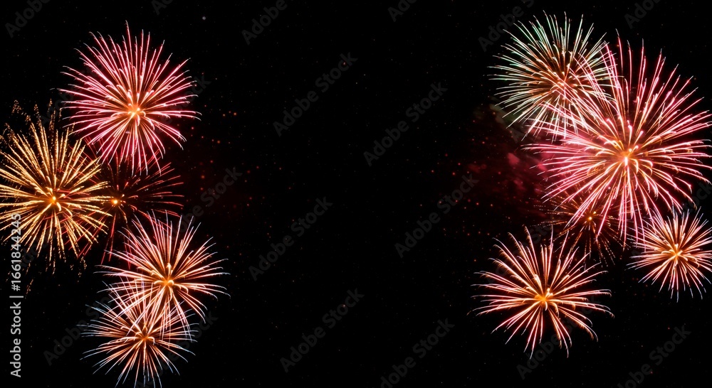 Naklejka premium Various fireworks exploding in the night sky with bursts of red gold and green colors illuminating the dark