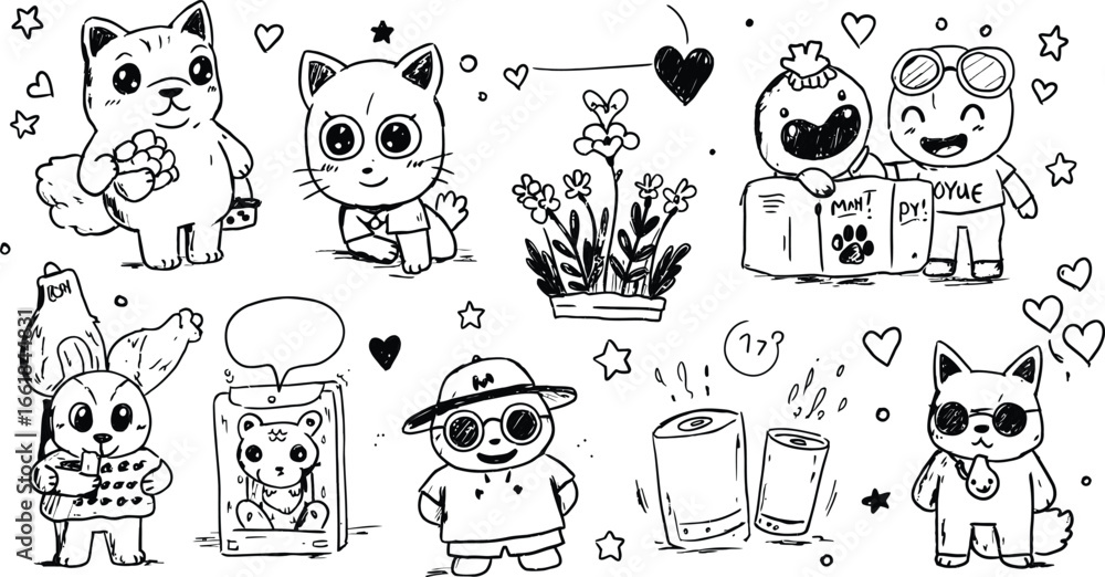 Fototapeta premium Cute cartoon animals with glasses hearts flowers and love symbols vector illustration black and white doodles