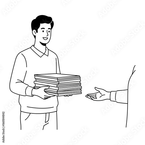 Document Exchange: Two individuals in the workspace exchange documents, capturing a moment of business efficiency and collaboration, a clean, illustrative style enhancing the professional narrative.